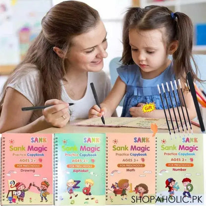 Sank Magic Practice Copybook Set – 4 Pcs Reusable Handwriting Practice Books With 10 Refills for Kids with Magic Ink Technology