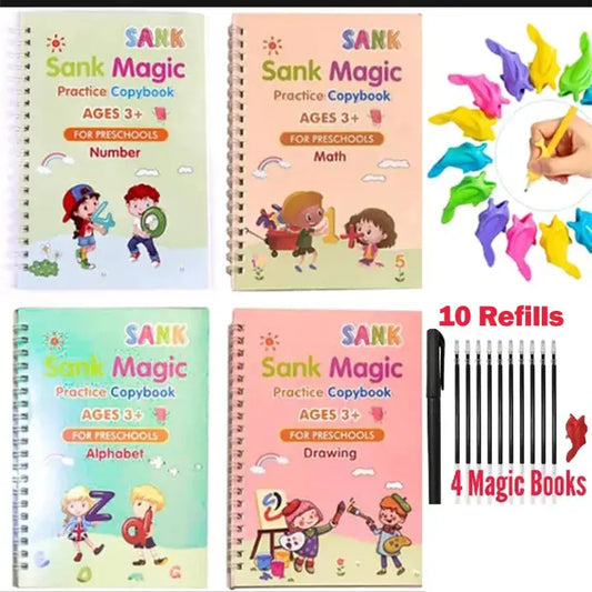 Sank Magic Practice Copybook Set – 4 Pcs Reusable Handwriting Practice Books With 10 Refills for Kids with Magic Ink Technology