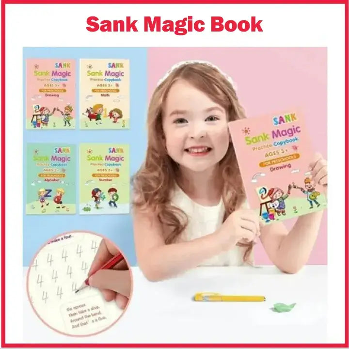 Sank Magic Practice Copybook Set – 4 Pcs Reusable Handwriting Practice Books With 10 Refills for Kids with Magic Ink Technology